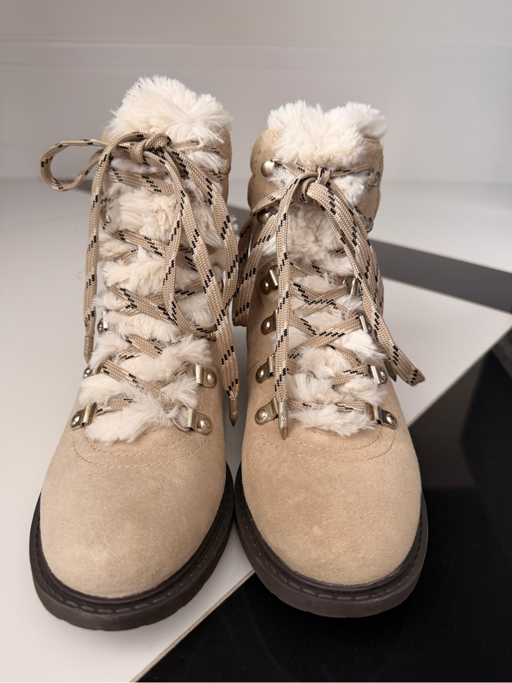 Sam Edelman Cream Lace-Up Faux-Fur Hiker Booties
